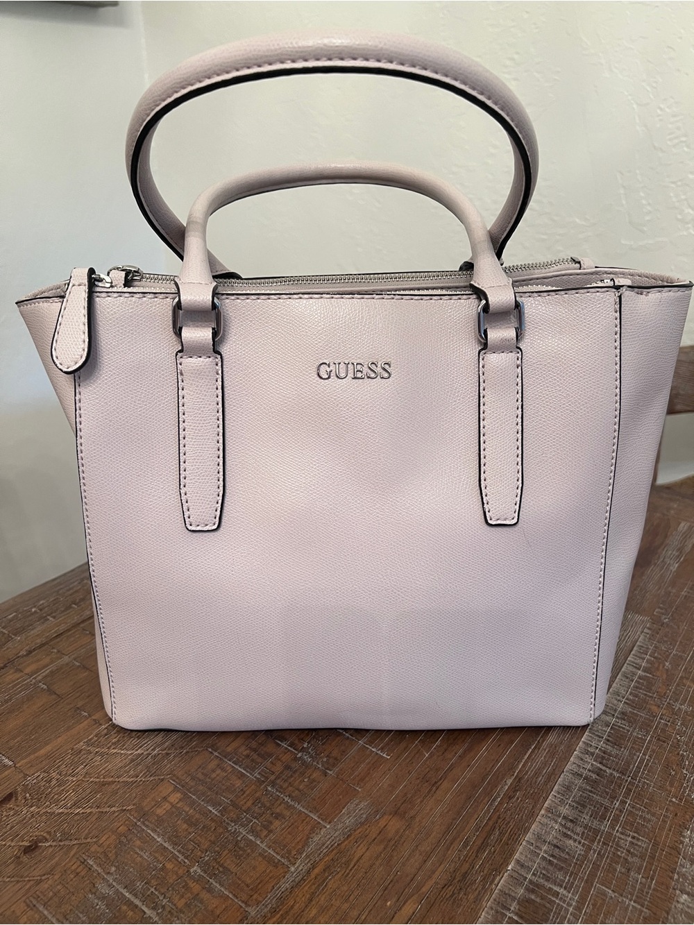 GUESS Cream Structured Satchel with Top Handles
